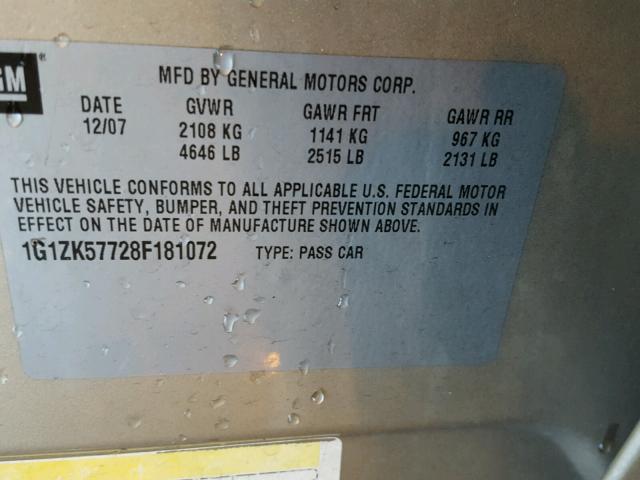 1G1ZK57728F181072 - 2008 CHEVROLET MALIBU LTZ 金色 照片 10