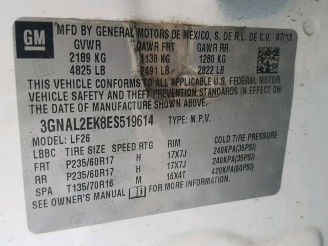 3GNAL2EK8ES519614 - 2014 CHEVROLET CAPTIVA LS 白色 照片 10