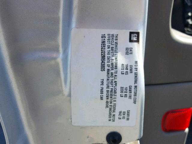 1G1NE52J22M643805 - 2002 CHEVROLET MALIBU LS SILVER photo 10