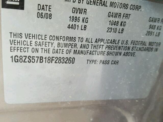 1G8ZS57B18F283260 - 2008 SATURN AURA XE GRAY photo 10