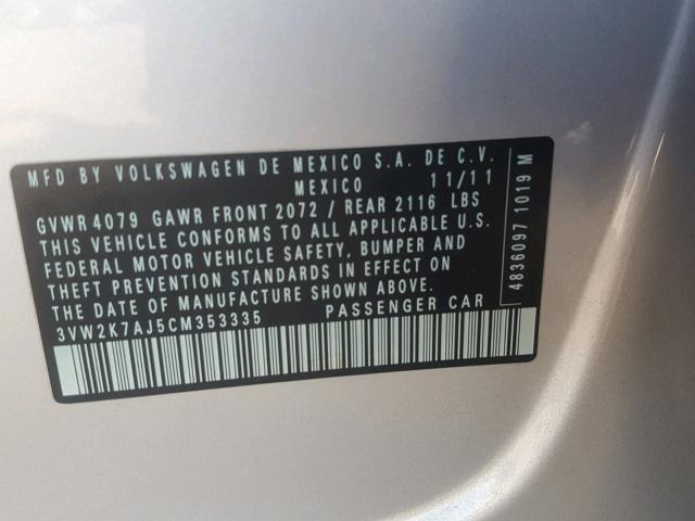 3VW2K7AJ5CM353335 - 2012 VOLKSWAGEN JETTA BASE Արծաթագույն լուսանկար 10