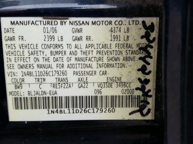 1N4BL11D26C179260 - 2006 NISSAN ALTIMA SE BLUE photo 10