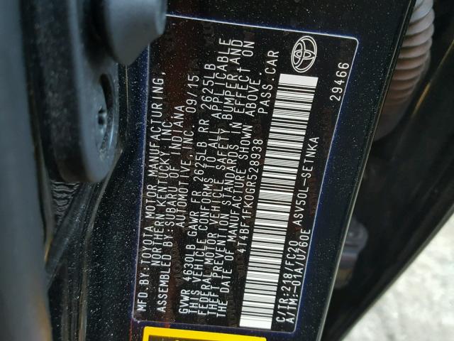 4T4BF1FK0GR528938 - 2016 TOYOTA CAMRY LE შავი ფოტო 10