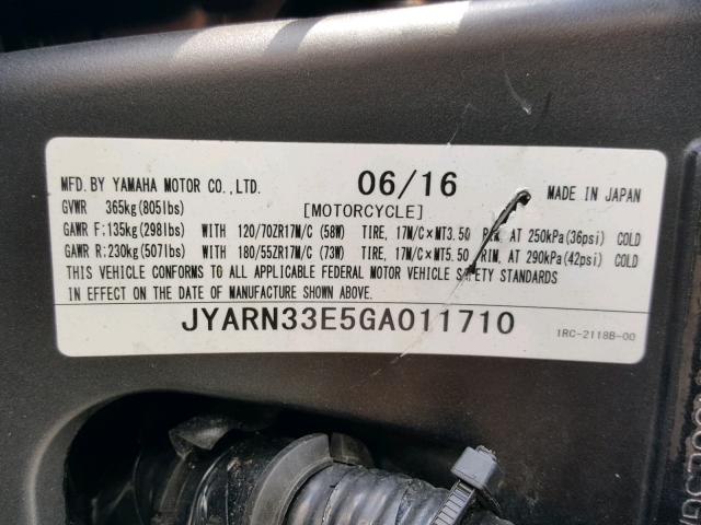 JYARN33E5GA011710 - 2016 YAMAHA FZ09 GRAY photo 10