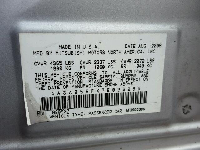 4A3AB56FX7E022265 - 2007 MITSUBISHI GALANT SILVER photo 10