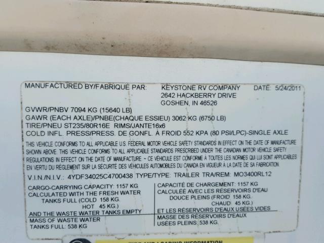 4YDF34025C4700438 - 2012 KEYSTONE TRAILER WHITE photo 10