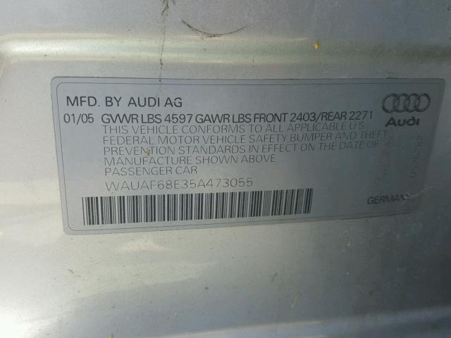 WAUAF68E35A473055 - 2005 AUDI A4 2.0T SILVER photo 10