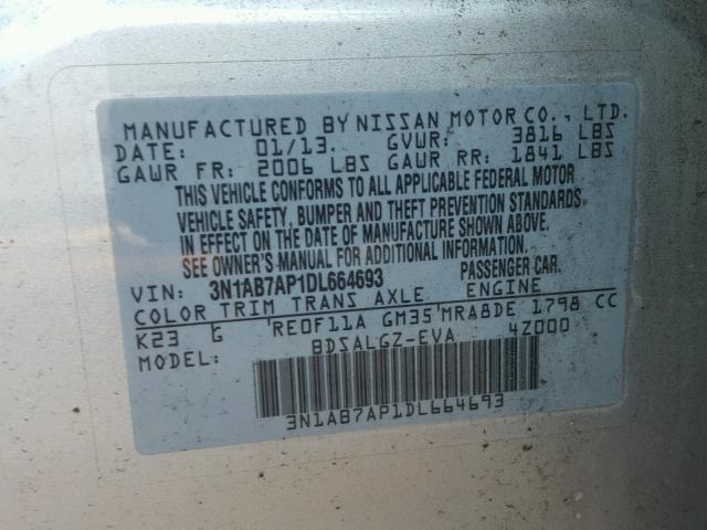 3N1AB7AP1DL664693 - 2013 NISSAN SENTRA S SILVER photo 10