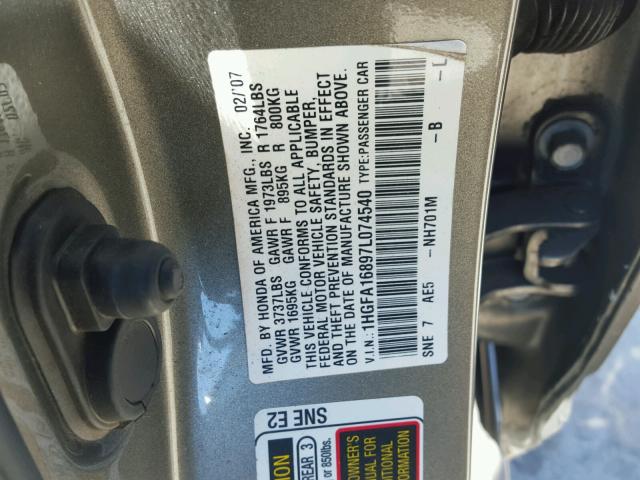 1HGFA16897L074540 - 2007 HONDA CIVIC EX GRAY photo 10