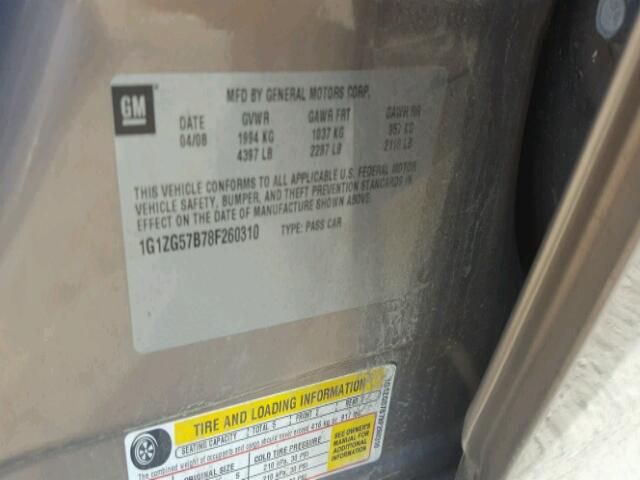 1G1ZG57B78F260310 - 2008 CHEVROLET MALIBU LS თაფლისფერი ფოტო 10