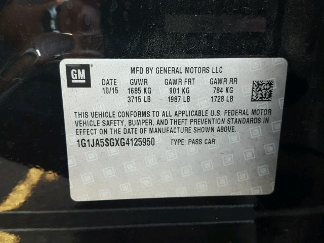 1G1JA5SGXG4125950 - 2016 CHEVROLET SONIC LS BLACK photo 10