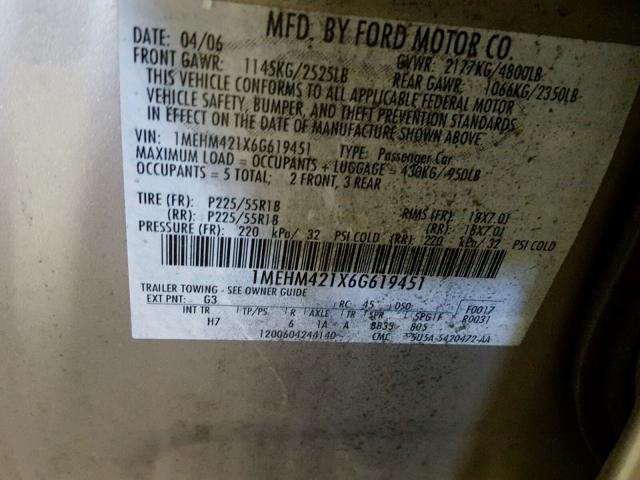 1MEHM421X6G619451 - 2006 MERCURY MONTEGO PR 棕色 照片 10