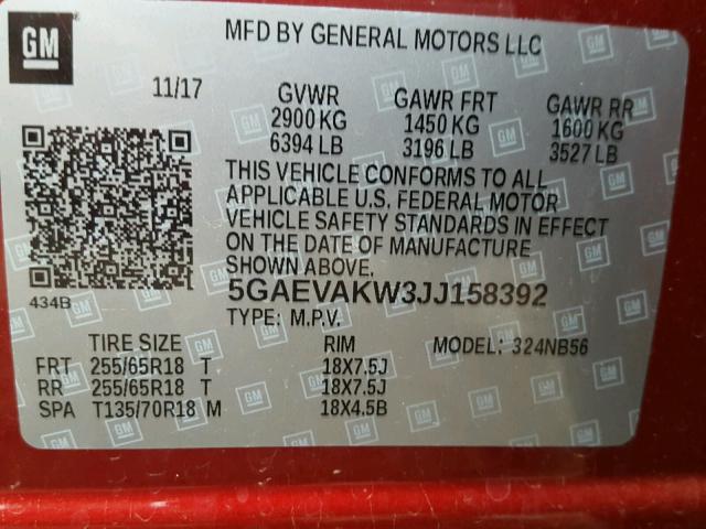 5GAEVAKW3JJ158392 - 2018 BUICK ENCLAVE ES MAROON photo 10