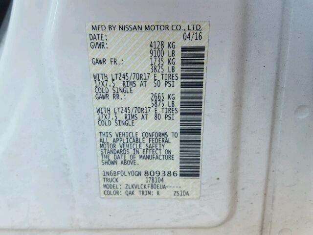 1N6BF0LY0GN809386 - 2016 NISSAN NV 2500 S WHITE photo 10