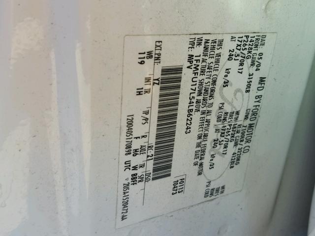 1FMFU17L54LB62243 - 2004 FORD EXPEDITION WHITE photo 10