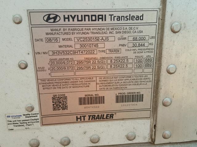 3H3V532C9HT472022 - 2017 HYUNDAI TRAILER WHITE photo 10