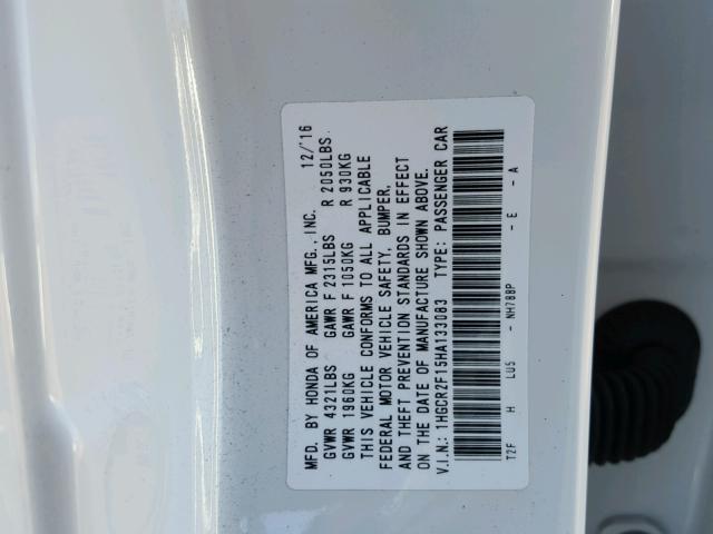 1HGCR2F15HA133083 - 2017 HONDA ACCORD SPO WHITE photo 10