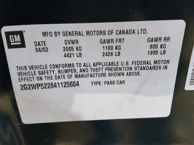 2G2WP522841125604 - 2004 PONTIAC GRAND PRIX Зелений фото 10