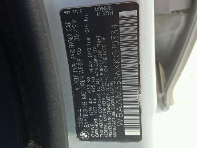 WBAAM5336XKG10334 - 1999 BMW 328I SILVER photo 10