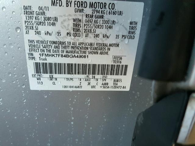 1FMHK7F84BGA49081 - 2011 FORD EXPLORER SILVER photo 10