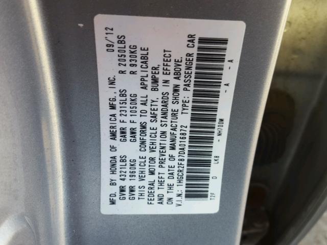 1HGCR2F87DA016872 - 2013 HONDA ACCORD EXL SILVER photo 10