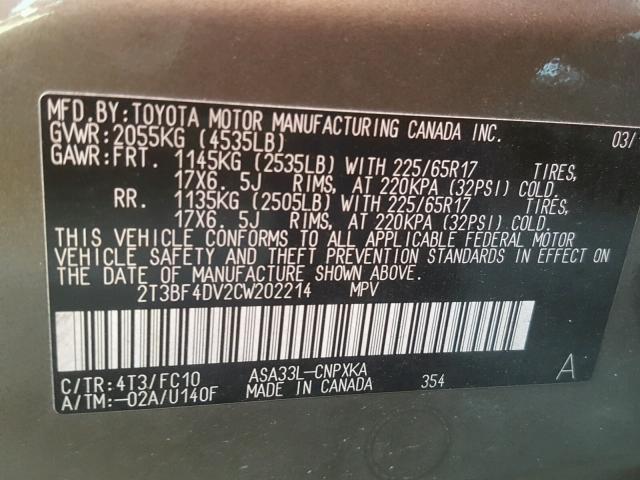 2T3BF4DV2CW202214 - 2012 TOYOTA RAV4 GRAY photo 10