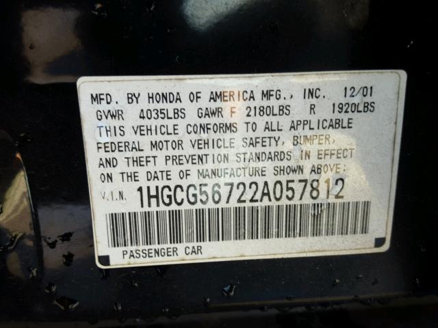 1HGCG56722A057812 - 2002 HONDA ACCORD SE BLACK photo 10