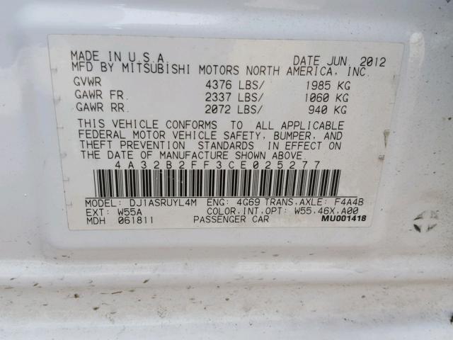 4A32B2FF3CE025277 - 2012 MITSUBISHI GALANT FE WHITE photo 10