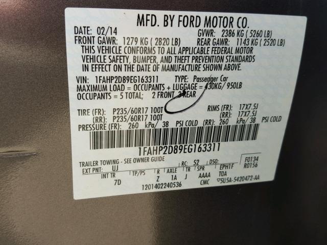 1FAHP2D89EG163311 - 2014 FORD TAURUS SE GRAY photo 10