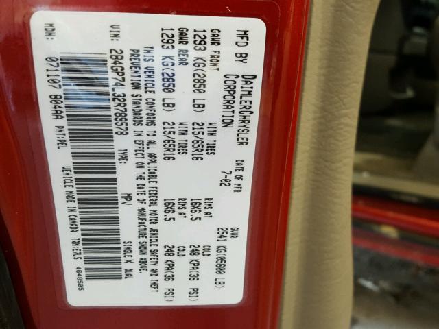 2B4GP74L32R789578 - 2002 DODGE GRAND CARA RED photo 10