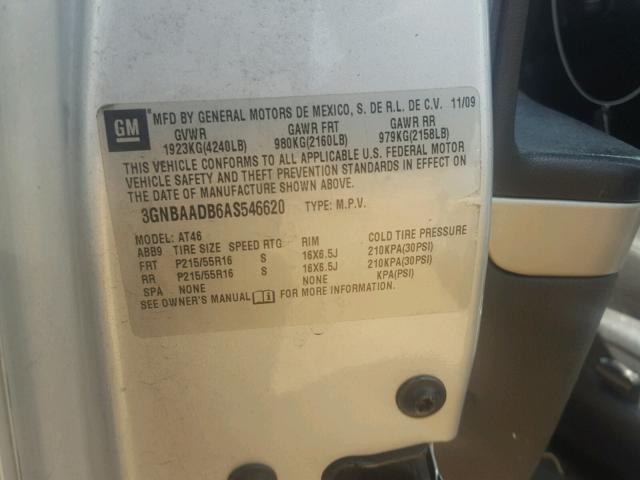 3GNBAADB6AS546620 - 2010 CHEVROLET HHR LS Plata foto 10
