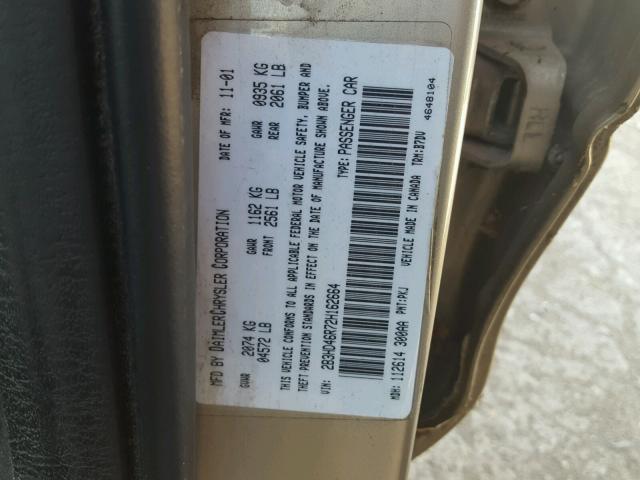 2B3HD46R72H162664 - 2002 DODGE INTREPID S ოქროსფერი ფოტო 10