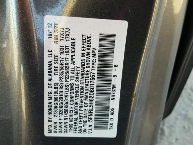 5FNRL5H62DB017667 - 2013 HONDA ODYSSEY EX GRAY photo 10