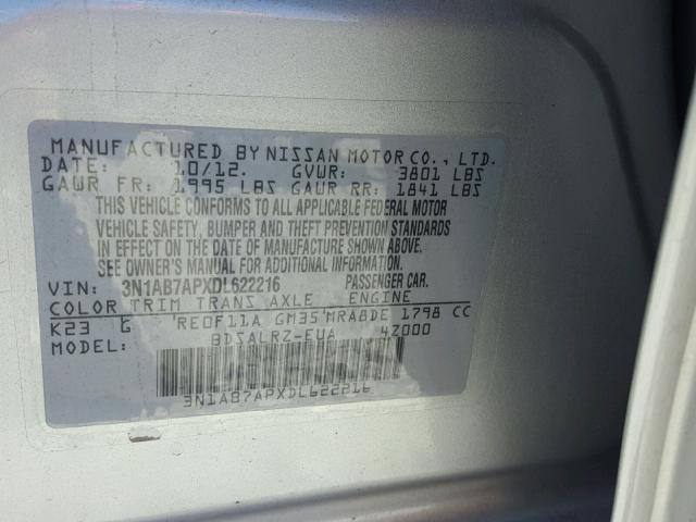 3N1AB7APXDL622216 - 2013 NISSAN SENTRA S SILVER photo 10