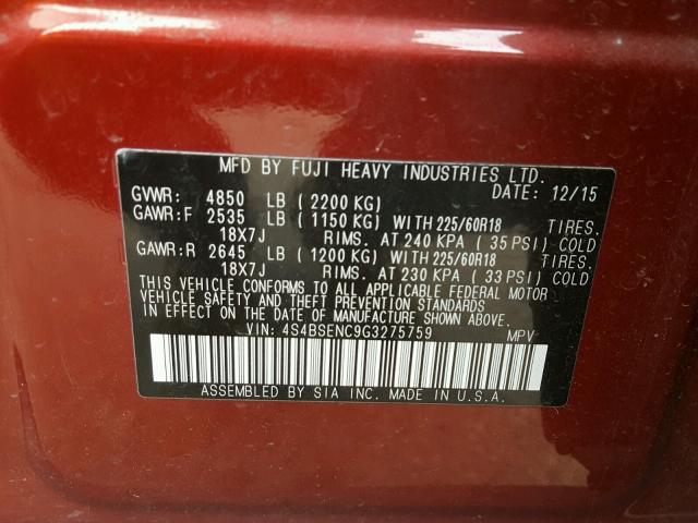 4S4BSENC9G3275759 - 2016 SUBARU OUTBACK 3. RED photo 10