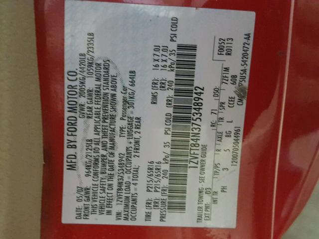 1ZVFT84N375348942 - 2007 FORD MUSTANG RED photo 10