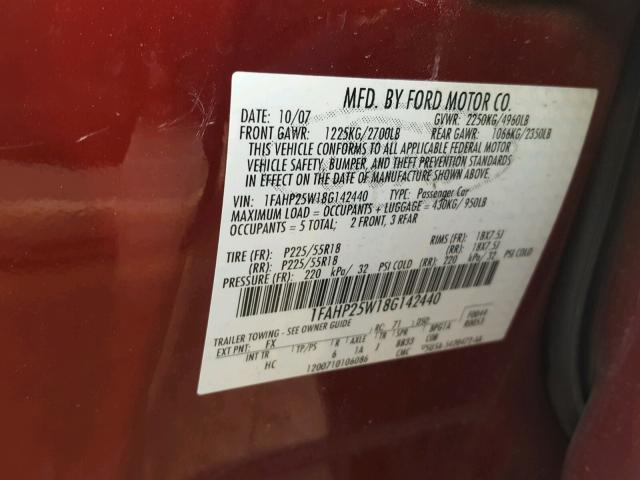 1FAHP25W18G142440 - 2008 FORD TAURUS LIM MAROON photo 10