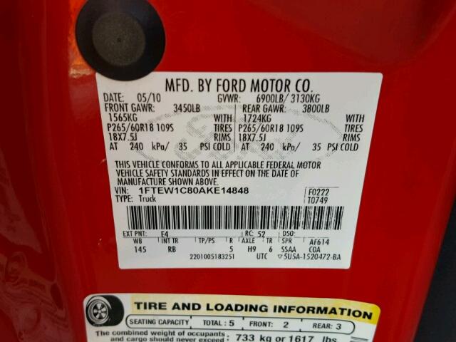 1FTEW1C80AKE14848 - 2010 FORD F150 SUPER RED photo 10