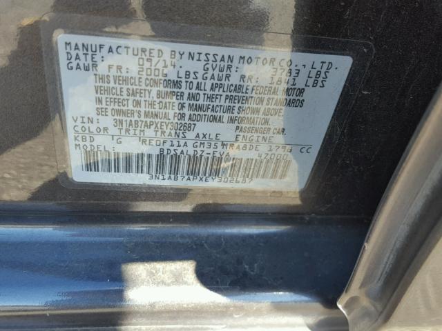 3N1AB7APXEY302687 - 2014 NISSAN SENTRA S CHARCOAL photo 10