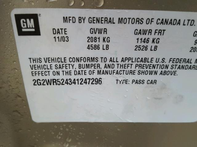 2G2WR524341247296 - 2004 PONTIAC GRAND PRIX TAN photo 10