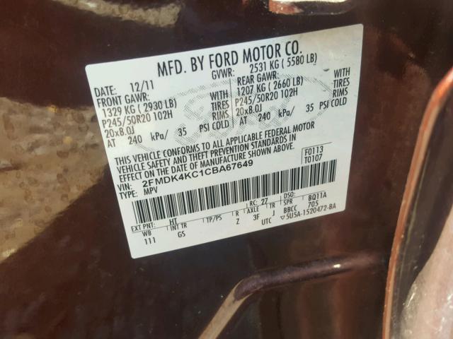 2FMDK4KC1CBA67649 - 2012 FORD EDGE LIMIT BURGUNDY photo 10