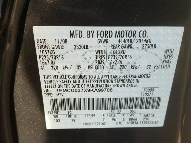 1FMCU037X9KA99708 - 2009 FORD ESCAPE GRAY photo 10