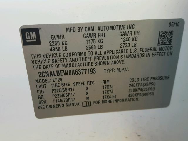 2CNALBEW0A6377193 - 2010 CHEVROLET EQUINOX LS WHITE photo 10