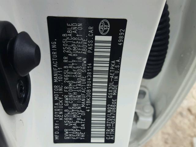 4T1BK3DB1BU438114 - 2011 TOYOTA AVALON BAS WHITE photo 10