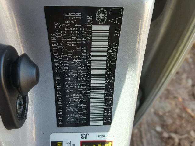 2T1BU4EE4AC311589 - 2010 TOYOTA COROLLA BA SILVER photo 10