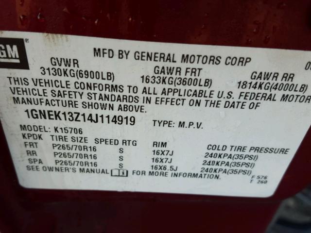 1GNEK13Z14J114919 - 2004 CHEVROLET TAHOE MAROON photo 10