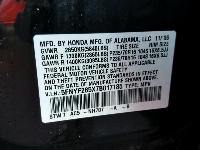 5FNYF285X7B017185 - 2007 HONDA PILOT EXL BLACK photo 9