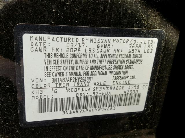 3N1AB7AP2HY294881 - 2017 NISSAN SENTRA S BLACK photo 10