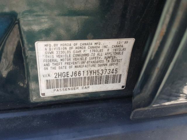 2HGEJ6611YH537345 - 2000 HONDA CIVIC BASE 绿色 照片 10