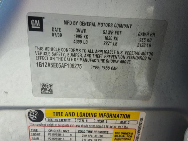 1G1ZA5E06AF106275 - 2010 CHEVROLET MALIBU LS SILVER photo 10